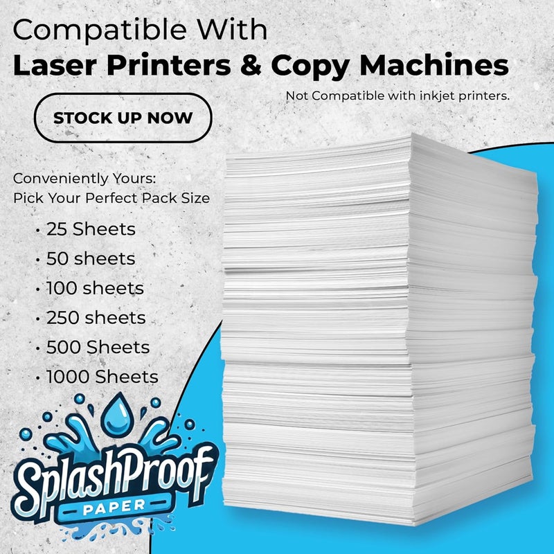 SplashProof Printer Paper - 8.5" x 11", 5 Mil Waterproof Paper, Laser Printer & Copy Machine Compatible (8.5" x 11" - Letter, 25 Sheets) - Image 2
